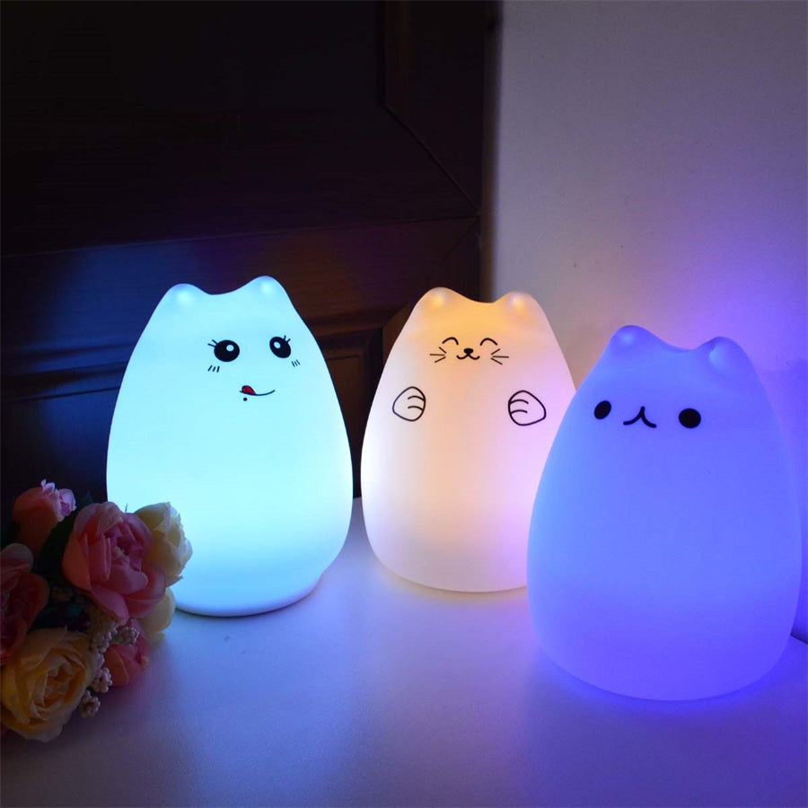 Silicone Cat Night Light for Kids, Touch Sensor, 7 Colors