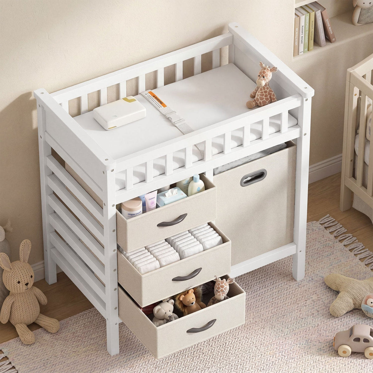 Wooden Baby Changing Table with 3 Fabric Storage Drawers