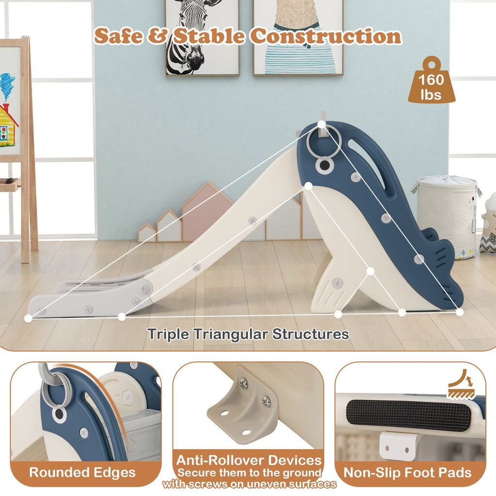 Foldable Freestanding Baby Slide Climber Playset with Basketball Hoop for Kids-Blue