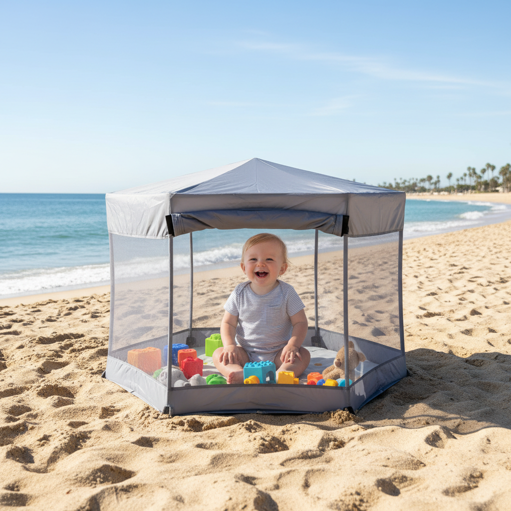 Baby playing in Pop N Go Playpen on a sunny beach